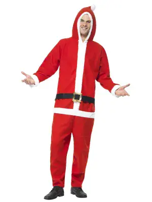 Mens Santa Costume All in One Christmas Jumpsuit Hooded Fancy Dress Outfit
