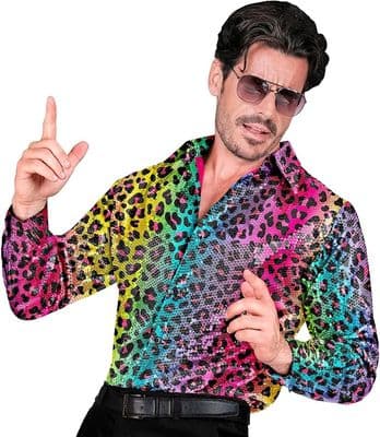 Mens Sequined Rainbow Leopard Party Fashion Shirt