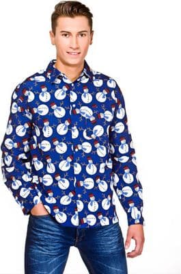 Mens Snowman Christmas Shirt Blue Festive Button Up Xmas Party Top Adult