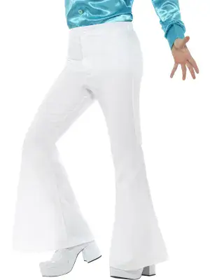 Mens White 60s 70s Flared Trousers Bell Bottom Disco Hippie Fancy Dress Costume