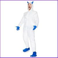 Mens Yeti Costume Bigfoot Jumpsuit White Fur Hood Christmas Fancy Dress Outfit