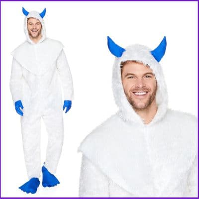 Mens Yeti Costume Bigfoot Jumpsuit White Fur Hood Christmas Fancy Dress Outfit