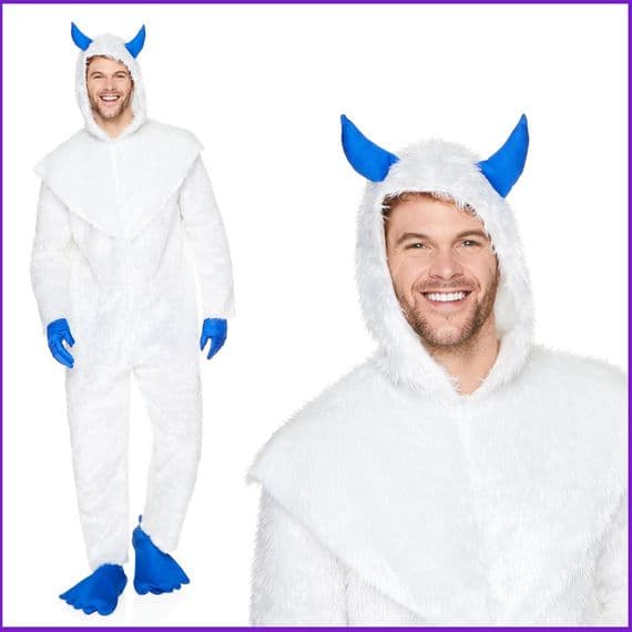Mens Yeti Costume Bigfoot Jumpsuit White Fur Hood Christmas Fancy Dress Outfit