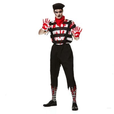Mens Zombie Mime Costume Horror Outfit Beret Gloves Halloween Fancy Dress