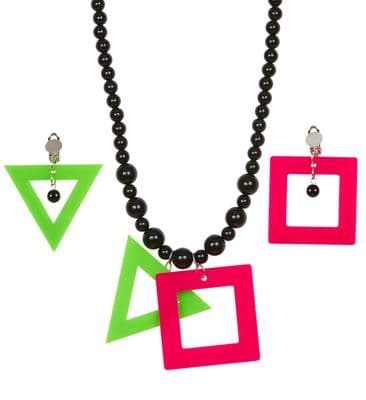 Neon Necklace And Earrings Set 80s Fancy Dress Retro Costume Jewellery Accessory