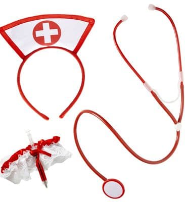Nurse Accessory Set Headpiece Stethoscope Garter Fancy Dress Costume Kit