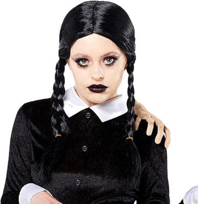 Official Addams Family Wednesday Wig Black Plaited Fancy Dress Accessory