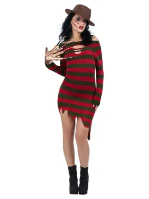Official Freddy Krueger Ladies Horror Dress Halloween Fancy Dress Costume