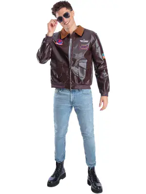 Official Top Gun Bomber Jacket Adult Brown Pilot Maverick 80s Fancy Dress Costume