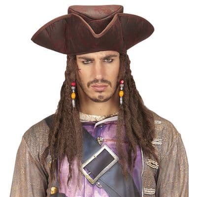 Pirate Tricorn Hat with Dreadlocks  Leather Look Fancy Dress Buccaneer Hat
