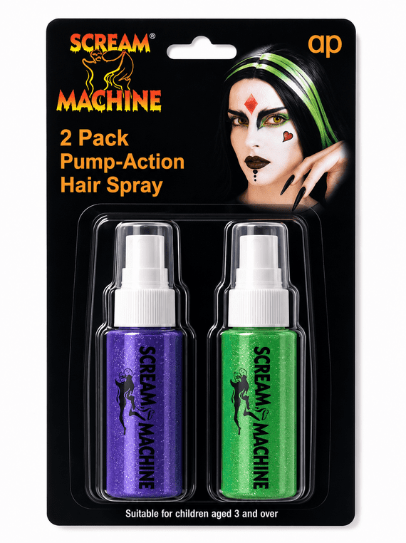 Pump Action Hair Spray Purple Green Halloween Fancy Dress Hair Colour Set