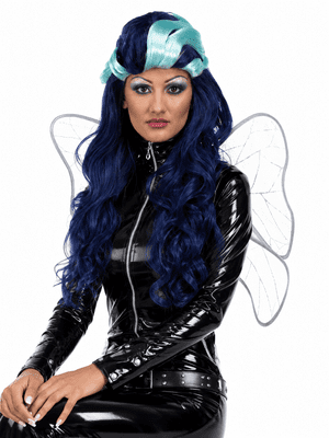 Rock Hard Fairy Jinx Blue Black Wig Long Curly Fantasy Fancy Dress Accessory