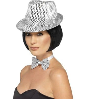 Silver Sequin Trilby Hat Glitter Fancy Dress Fedora Party Costume Accessory