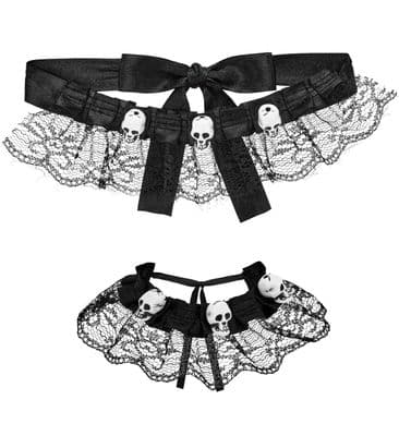 Skull Lace Choker Bracelet Set Gothic Halloween Fancy Dress Costume Accessory