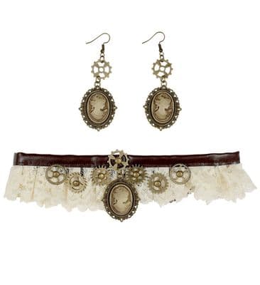 Steampunk Lace Choker and Cameo Earrings Set Victorian Gothic Costume Jewellery