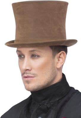 Victorian Top Hat Brown Suede Look Steampunk Fancy Dress Costume