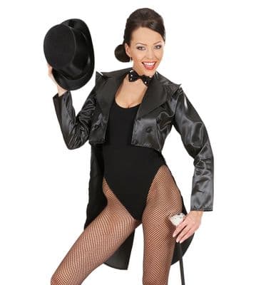 Womens Black Satin Tailcoat Jacket Cabaret Ringmaster Fancy Dress Costum