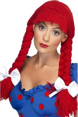 Womens Rag Doll Wig Red Pigtails Fancy Dress Costume Adult