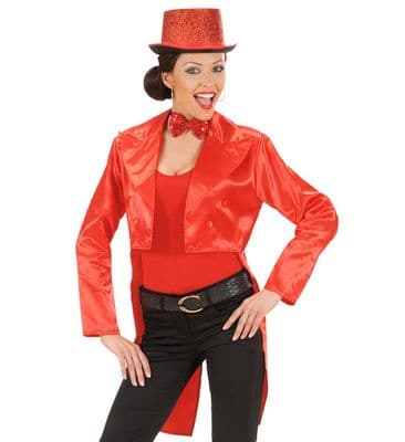 Womens Red Satin Tailcoat Jacket Cabaret Ringmaster Fancy Dress Costume