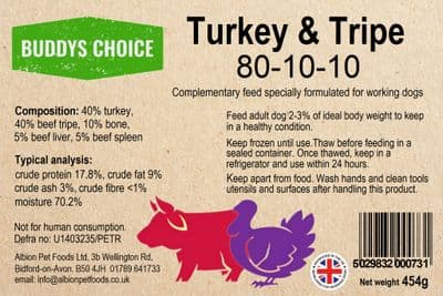 Albion Buddy's Choice Working Dog Turkey & Beef Tripe 454g