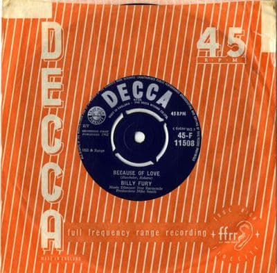 Billy Fury - Because Of Love/Running Around (F 11508) Ex