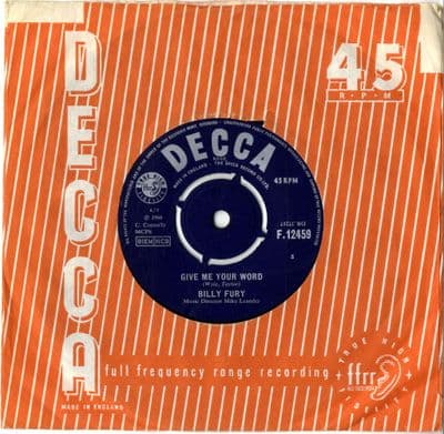 Billy Fury - Give Me Your Word/She's So Far Out She's In (F 12459) Ex