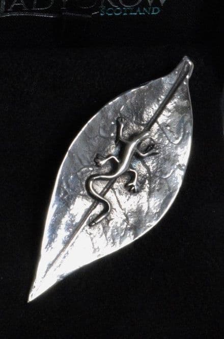 Ladycrow Pewter Brooch Lizard on Leaf
