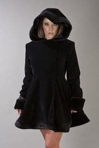 Black Hooded Velvet Flock & Fur Coat