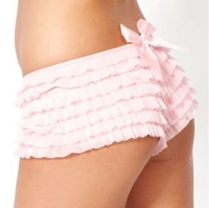 Baby pink Burlesque Frilly Knickers, pink frilly sissy knickers, pink frilly knickers with back bow, pink frilly burlesque shorts