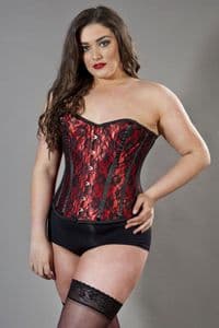 Elegant Plus Size Corset In Red Satin With Black Lace Overlay