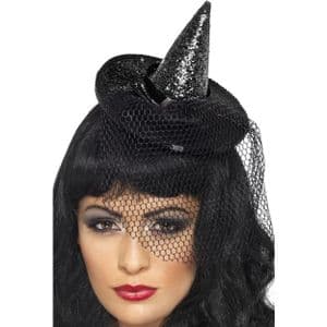 Mini Glitter Witches Hat (Black) Full glitter witches hat with veil - SEXY BURLESQUE WITCH COSTUME - mini witches hat.