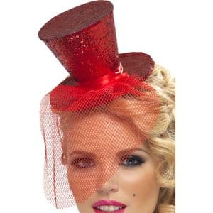 Red Glitter Mini Top hat with Veil. Moulin Rouge/Burlesque Mini Top Hat. Burlesque Headwear.