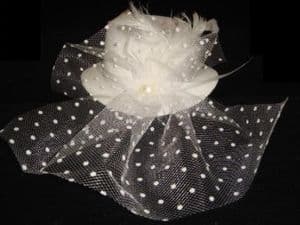 White Hat With Dotted Veil & Feathers