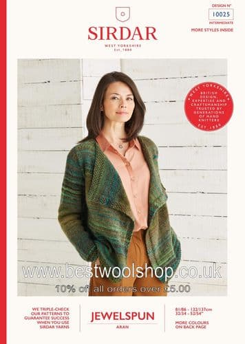 10025 PDF SIRDAR JEWELSPUN ARAN WATERFALL CARDIGAN JACKET KNITTING PATTERN CHEST SIZE 32"- 54"