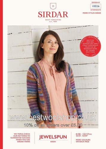 10026 - SIRDAR JEWELSPUN ARAN CARDIGAN JACKET KNITTING PATTERN - TO FIT CHEST 32" TO 54"