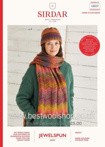 10027 SIRDAR JEWELSPUN ARAN WIDE SCARF & HAT KNITTING PATTERN - ONE SIZE