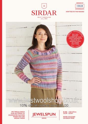 10028 SIRDAR JEWELSPUN ARAN RAGLAN SLEEVE PLAITED NECKLINE KNITTING PATTERNS