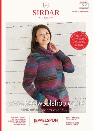 10030 - SIRDAR JEWELSPUN ARAN LOWER SPLIT FRONT SWEATER KNITTING PATTERN - TO FIT CHEST 32" TO 54"