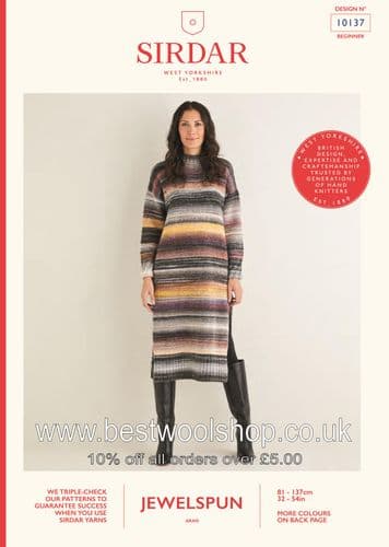 10137 PDF SIRDAR JEWELSPUN ARAN LONG SWEATER DRESS KNITTING PATTERN TO FIT CHEST 32"- 54"
