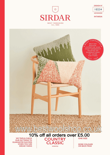 10234 PDF SIRDAR COUNTRY CLASSIC WORSTED ARAN SWISS DARNED & INTARSIA CUSHION KNITTING PATTERN