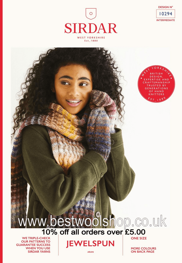 10294 PDF SIRDAR JEWELSPUN ARAN SCARF HAT MITTENS KNITTING PATTERN ONE SIZE