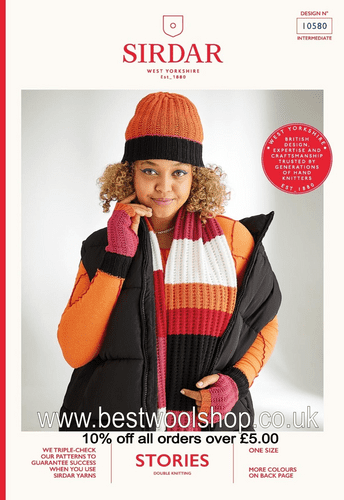10580 PDF SIRDAR STORIES DK BEANIE HAT MITTS  SCARF KNITTING PATTERN CHEST SIZE