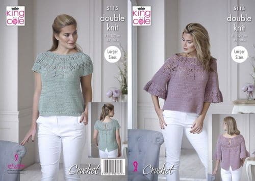 5115 - KING COLE FINESSE COTTON SILK DK BELL SLEEVE & SHORT SLEEVE TOP CROCHET PATTERN - 32" TO 50"