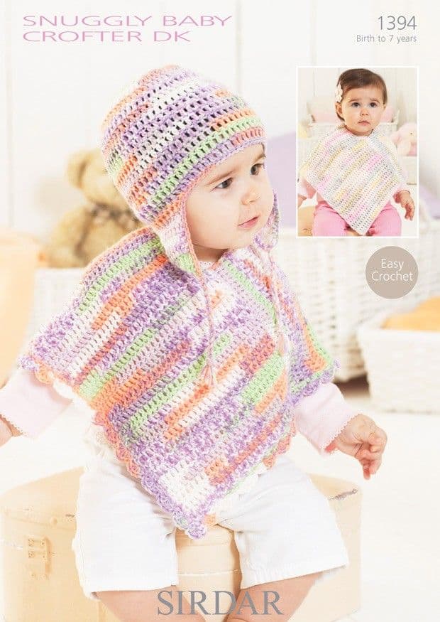 1394 SIRDAR SNUGGLY BABY CROFTER DK PONCHO HAT CROCHET PATTERN