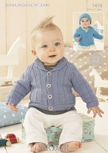 1419 PDF SIRDAR SNUGGLY DK CARDIGAN AND HAT KNITTING PATTERN - TO FIT 0 TO 7 YEARS