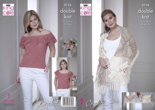 5116 - KING COLE FINESSE COTTON SILK DK WRAP & OFF THE SHOULDER TOP CROCHET PATTERN - SIZE 63 X 15"