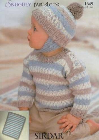 1649 - SIRDAR SNUGGLY DK STRIPED SWEATER HELMET & BLANKET KNITTING PATTERN