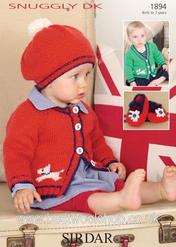 1894 - SIRDAR SNUGGLY DK CARDIGAN BERET & SHOES KNITTING PATTERN - TO FIT 0 TO 7 YEARS