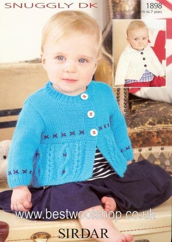 1898 - SIRDAR SNUGGLY DK ROUND NECK & COLLARED CABLE CARDIGAN KNITTING PATTERN - TO FIT 0 TO 7 YEARS