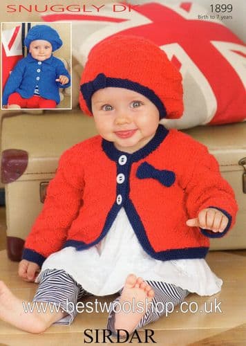 1899 -  SIRDAR SNUGGLY DK ROUND NECK & COLLARED CARDIGAN & BERET KNITTING PATTERN - TO FIT  0 TO 7 YEARS